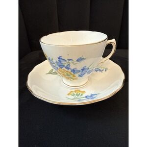 Vintage Royal Vale Bone China Cup and Saucer Set Yellow, Blue & White - England